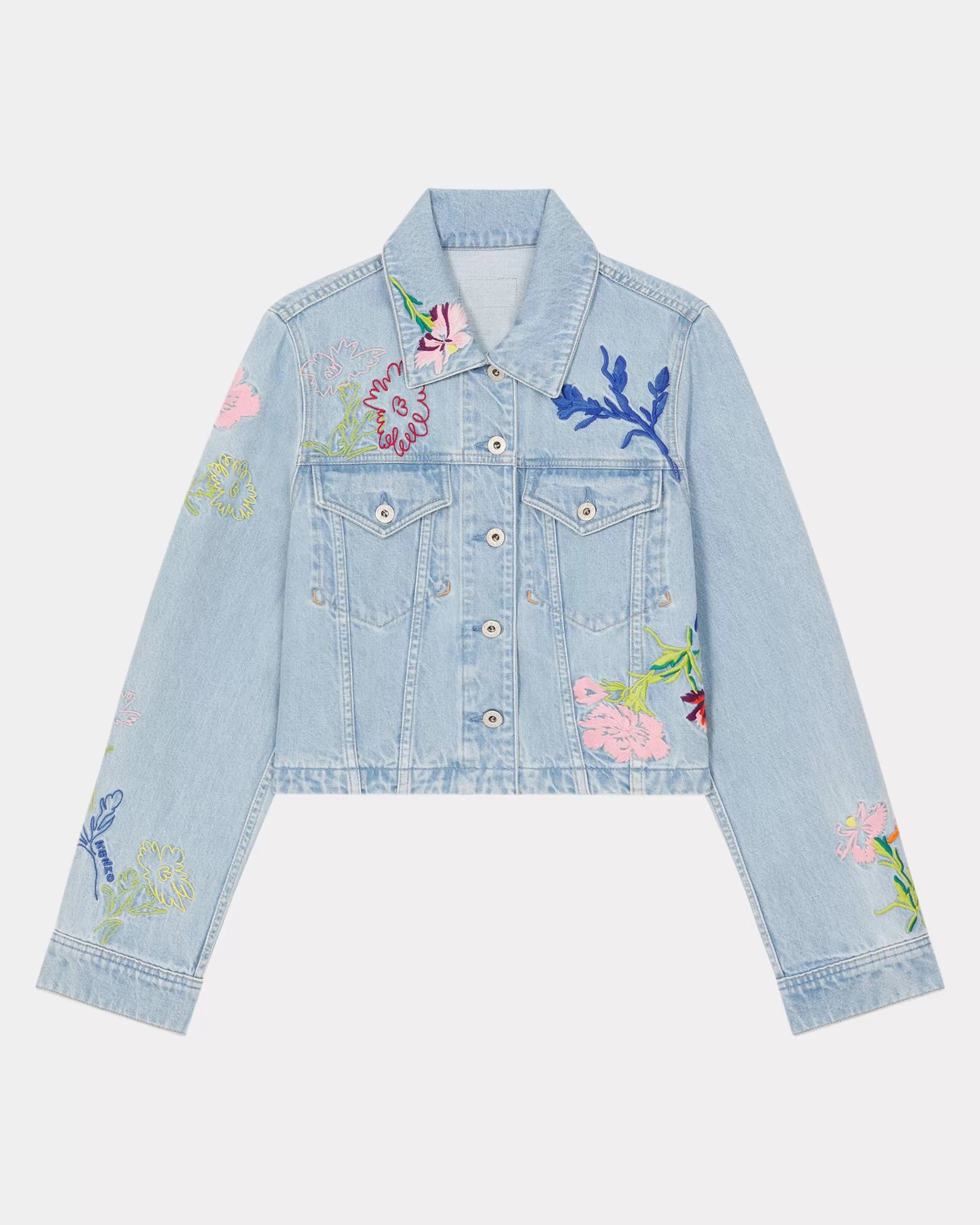 Denim | Jacken und Mäntel>KENZO Bestickte Truckerjacke „ Drawn Flowers“ Stone Bleached Blue Denim