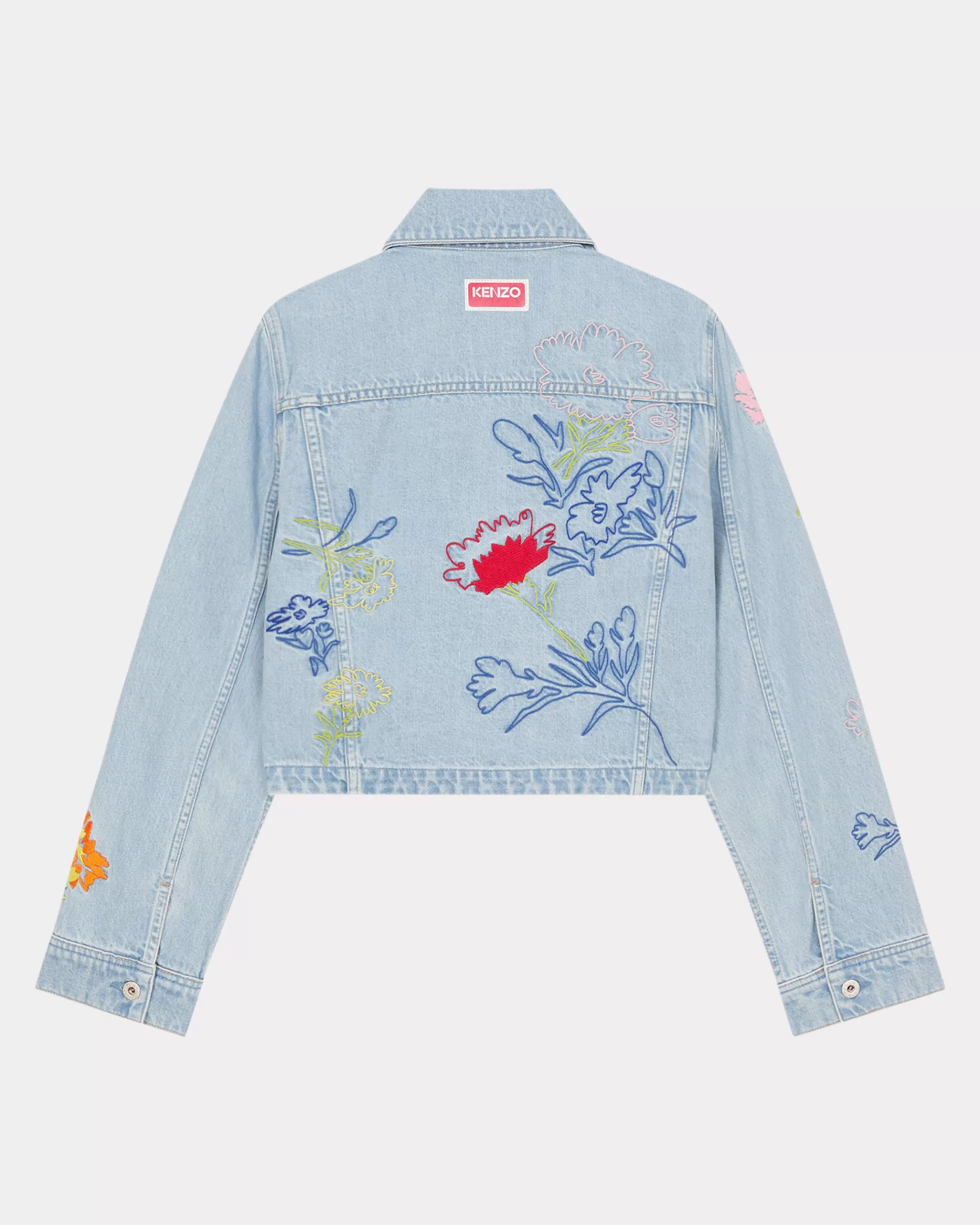 Denim | Jacken und Mäntel>KENZO Bestickte Truckerjacke „ Drawn Flowers“ Stone Bleached Blue Denim