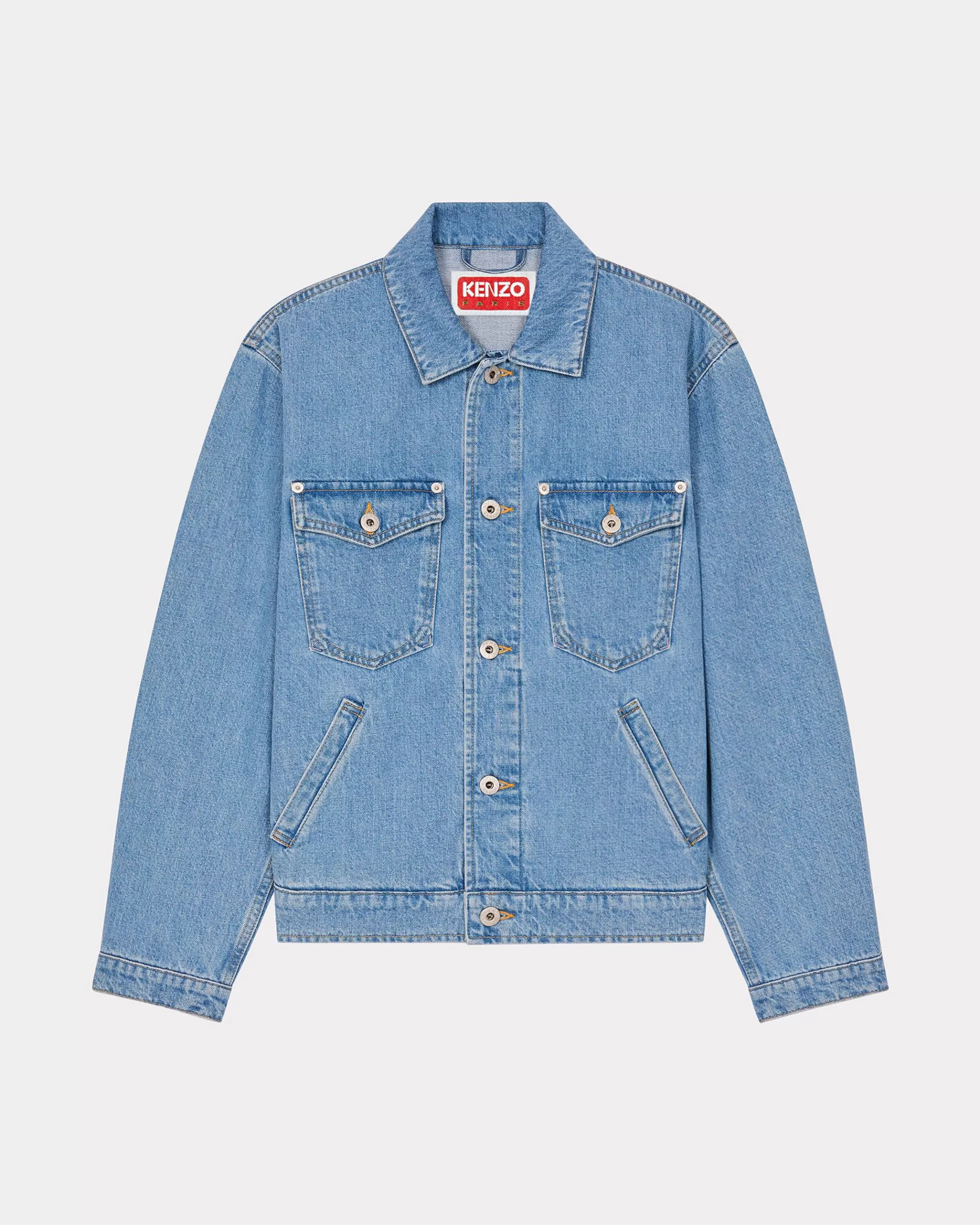 Denim | Jacken und Mäntel>KENZO Bestickte Truckerjacke „Year of the Dragon“ Stone Bleached Blue Denim