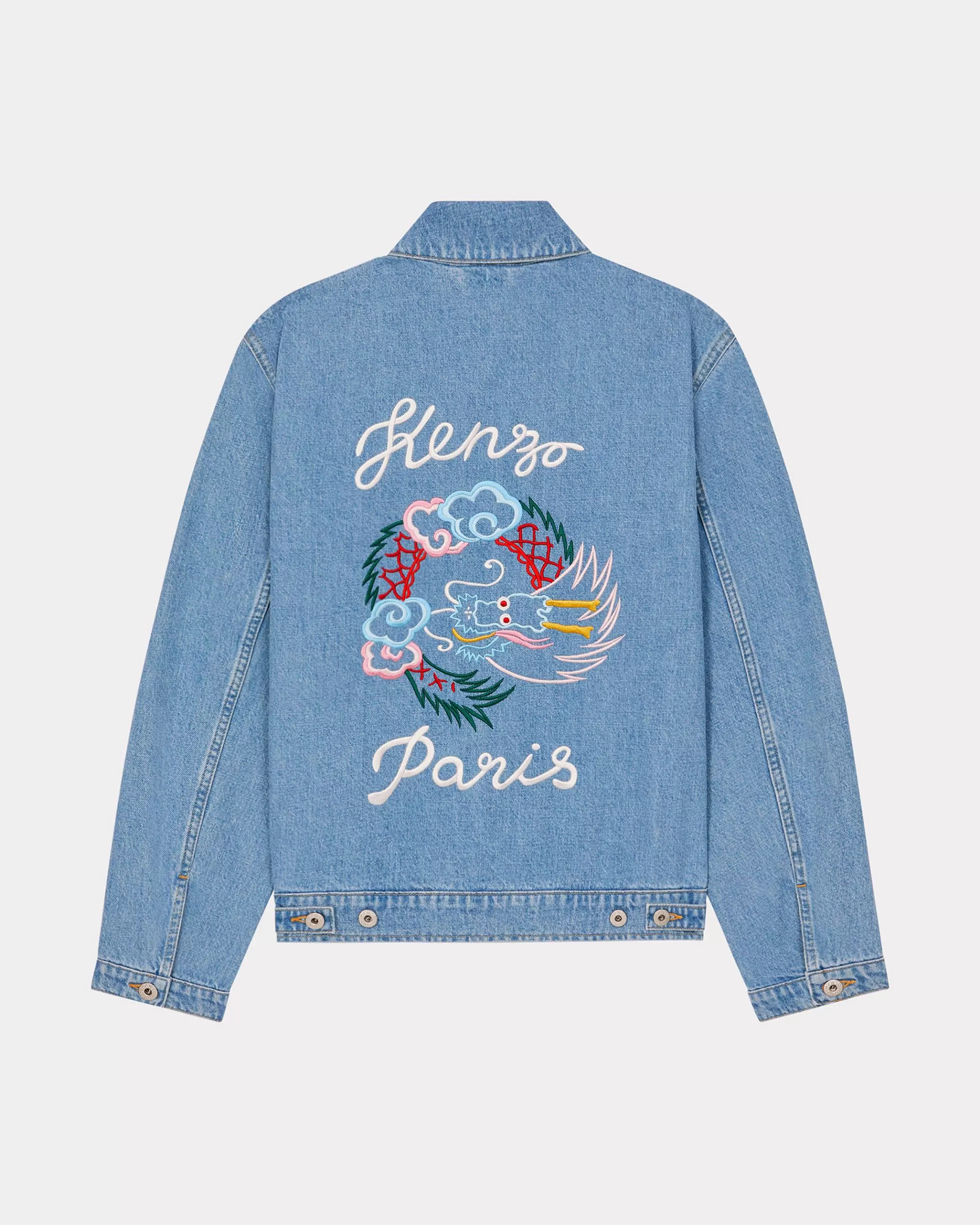 Denim | Jacken und Mäntel>KENZO Bestickte Truckerjacke „Year of the Dragon“ Stone Bleached Blue Denim