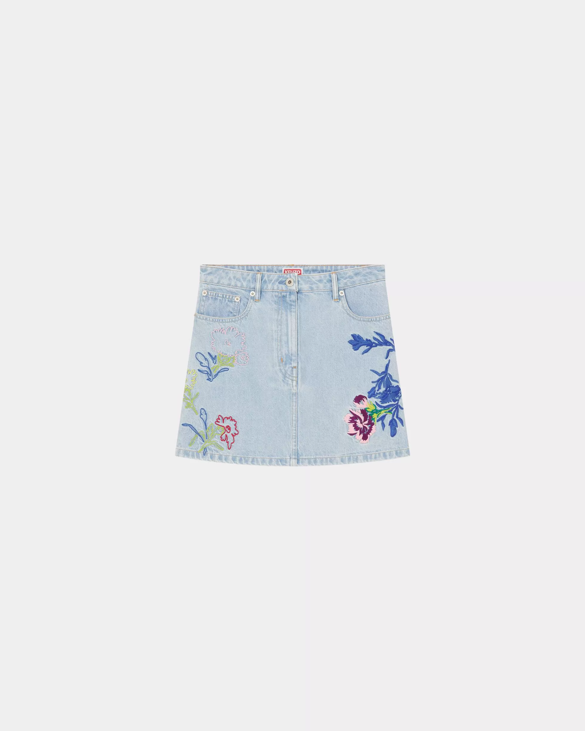 Denim | Kleider und Röcke>KENZO Bestickter Minirock „ Drawn Flowers“ Stone Bleached Blue Denim