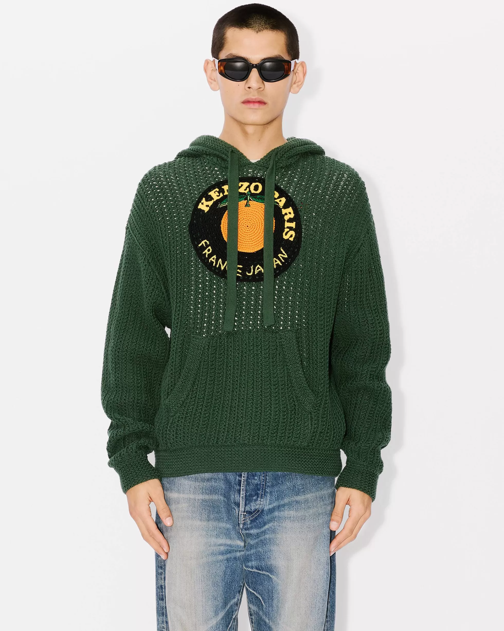 Pullover | Neue>KENZO Kapuzensweatshirt mit „ Fruit Stickers“-Stickerei. Dark Khaki