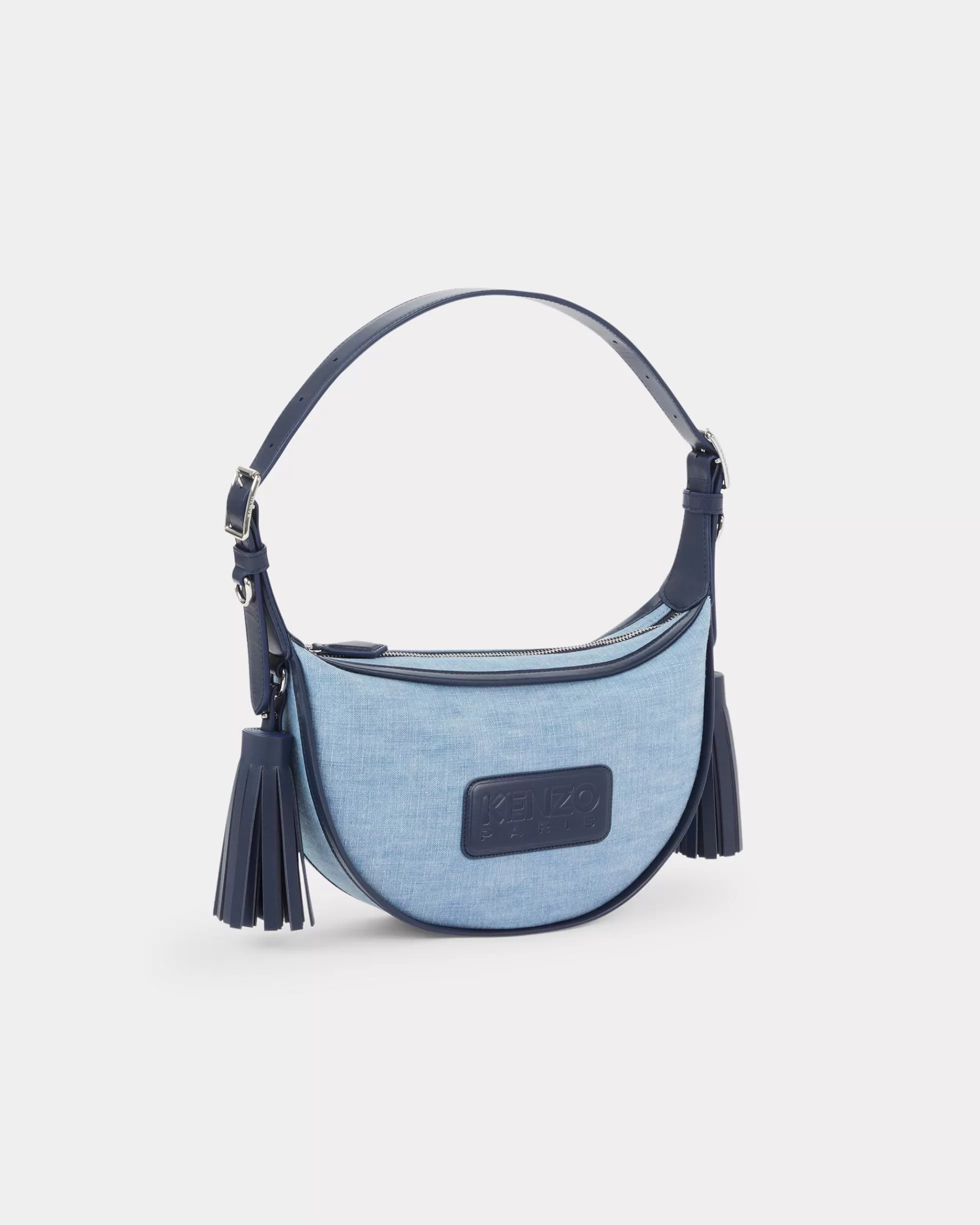 Taschen | Damentaschen>KENZO Kleine Hobo-Tasche „ 18“ aus Denim und Leder Stone Bleached Blue Denim