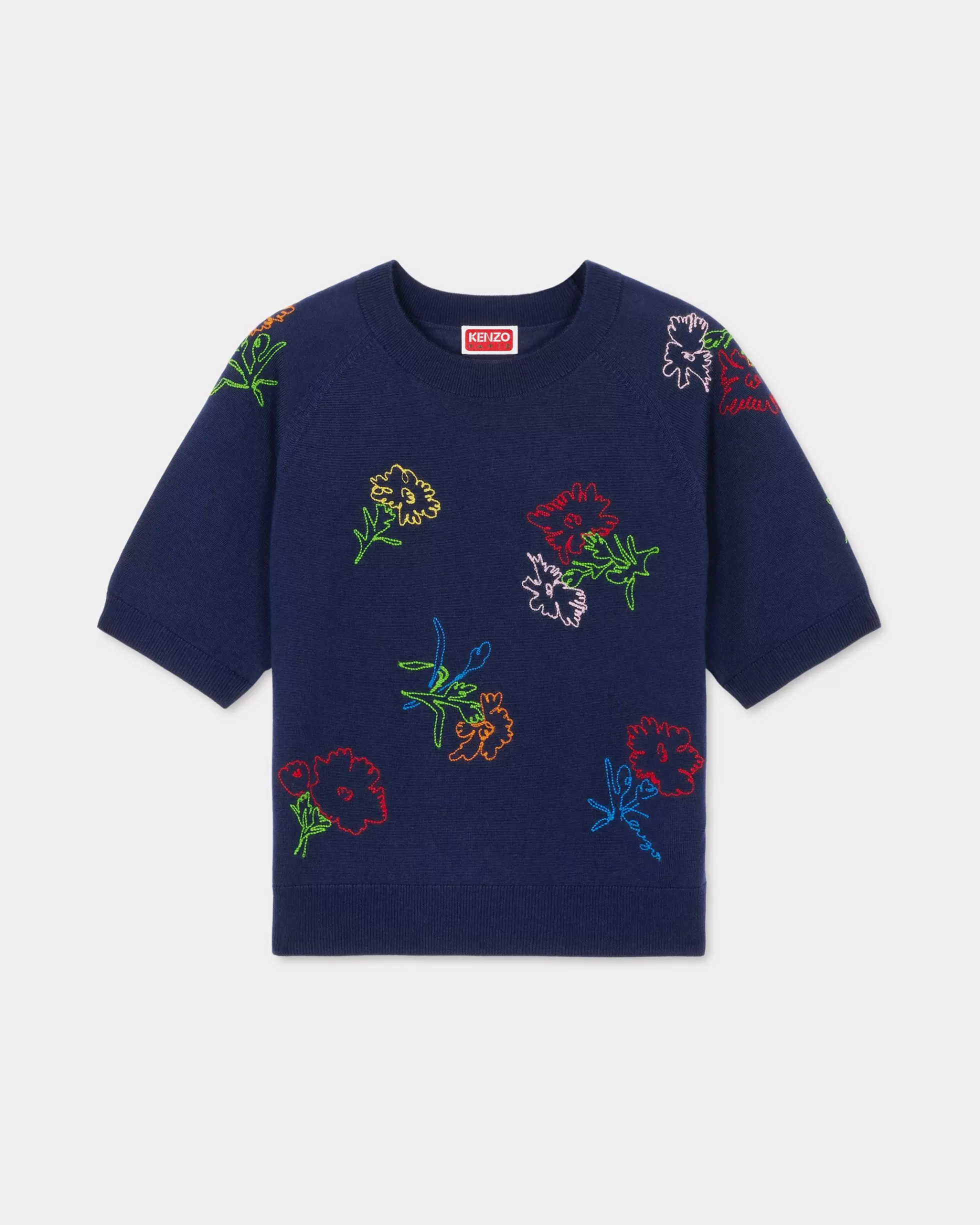 Pullover | Neue>KENZO Kurzarm-Pullover mit Stickerei „ Drawn Flowers“ Midnight Blue