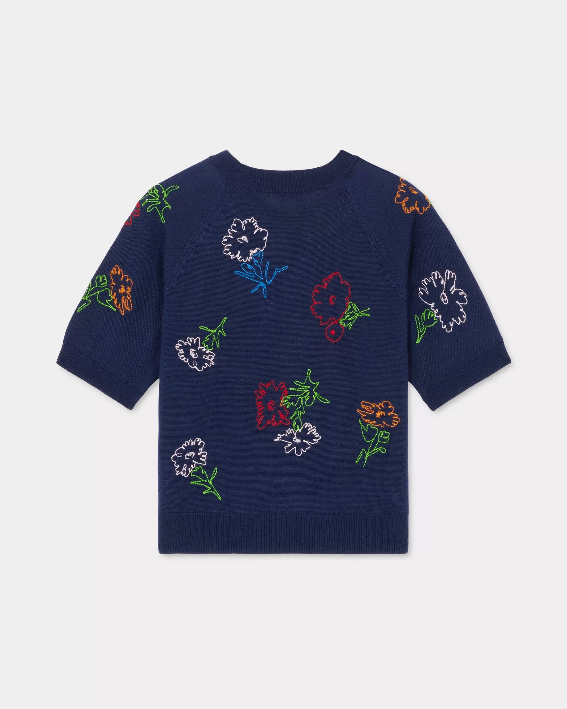 Pullover | Neue>KENZO Kurzarm-Pullover mit Stickerei „ Drawn Flowers“ Midnight Blue