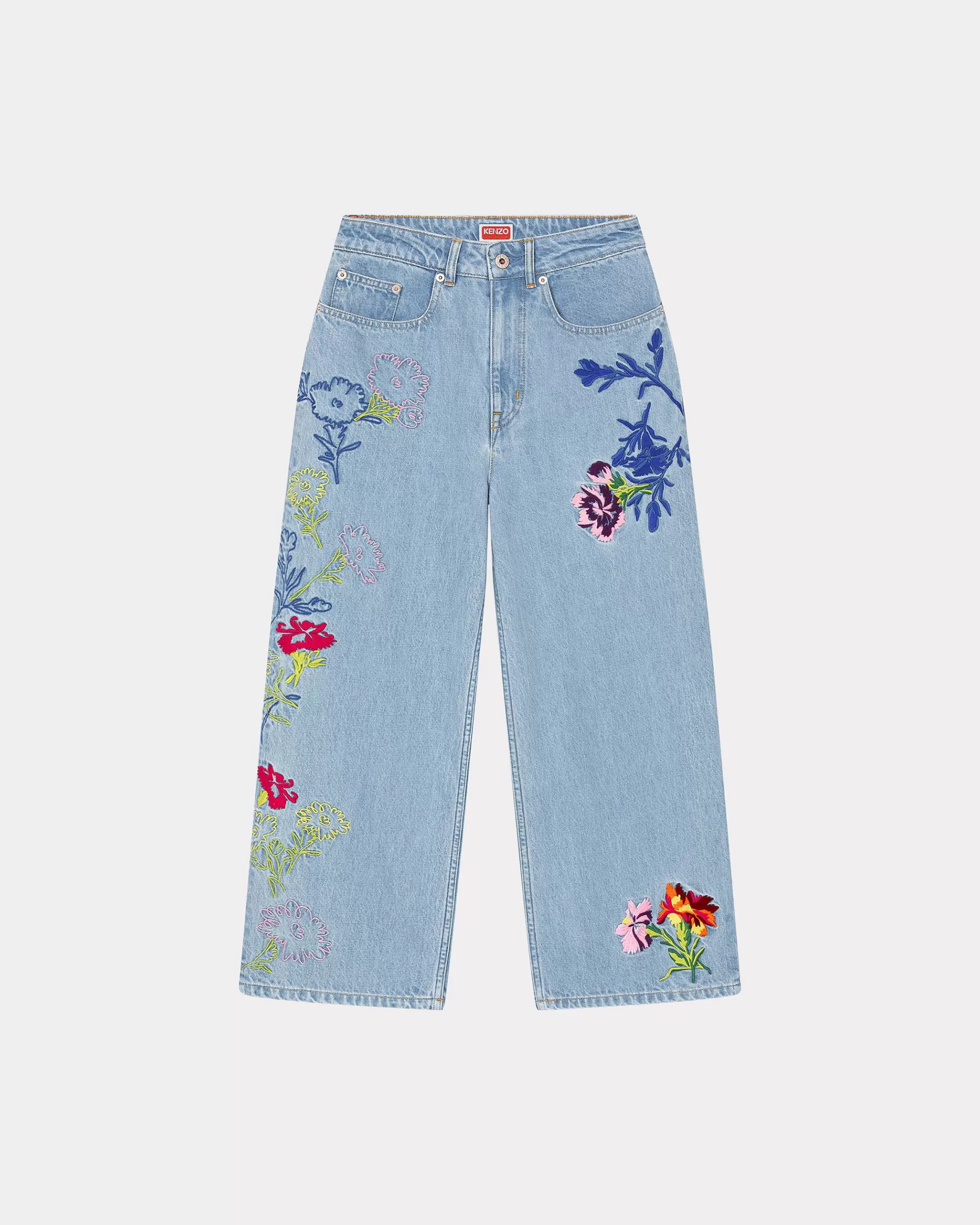 Denim | Hosen und Shorts>KENZO Sumire Cropped Jeans mit Stickerei „ Drawn Flowers“ Stone Bleached Blue Denim