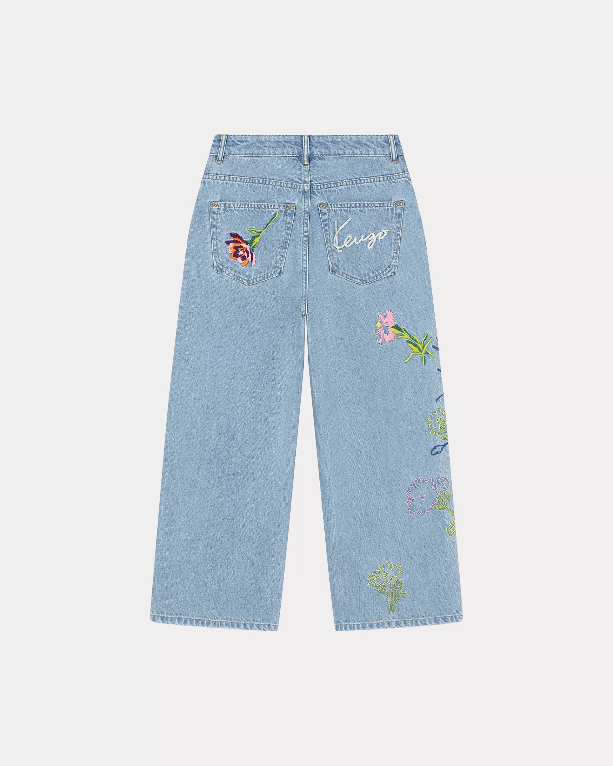 Denim | Hosen und Shorts>KENZO Sumire Cropped Jeans mit Stickerei „ Drawn Flowers“ Stone Bleached Blue Denim