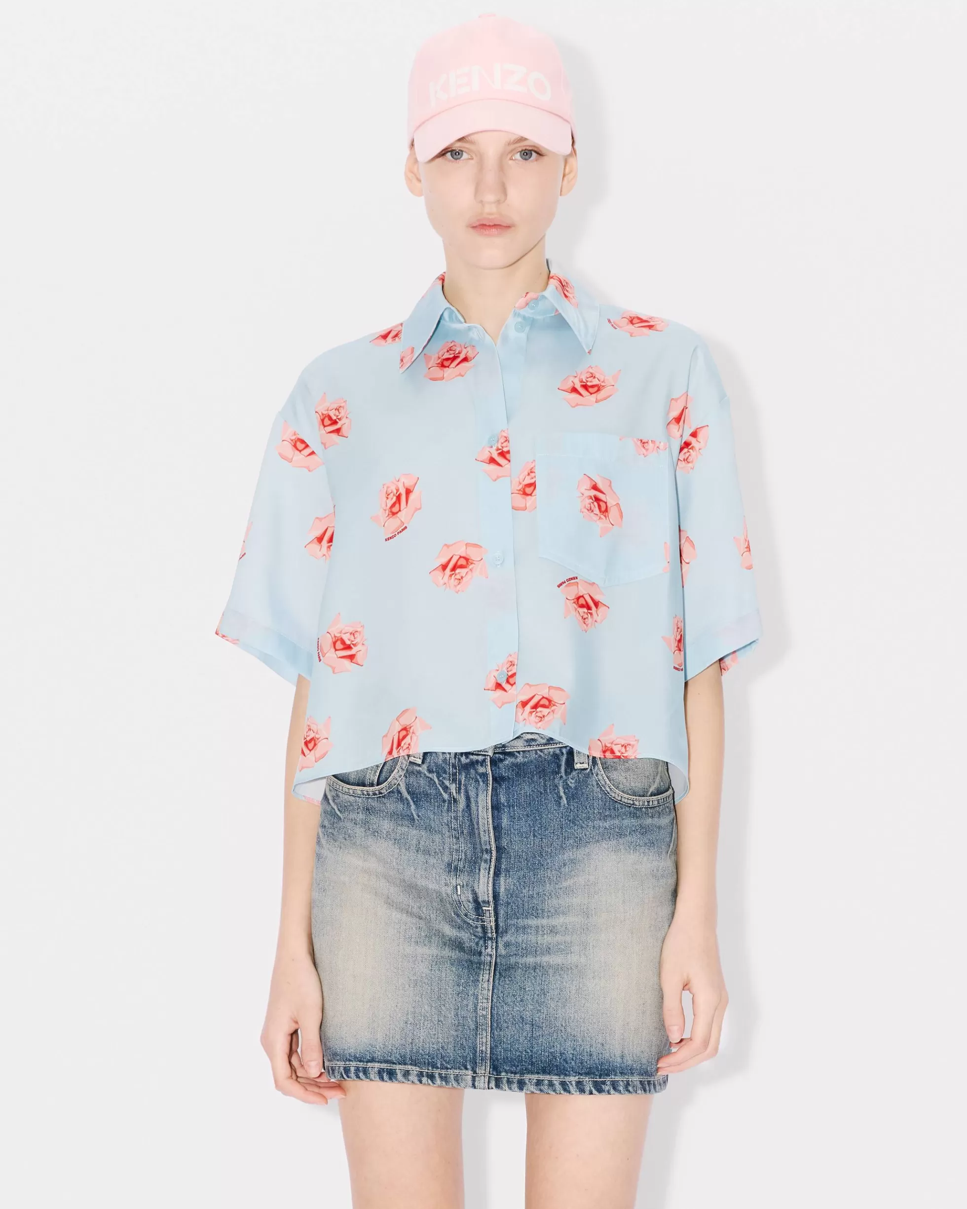 Hemd und Tops | Neue>KENZO Überschnittenes Hemd mit überschnittenen Schultern „ Rose” Light Blue